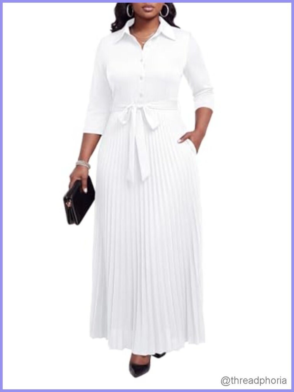 Maxi Dress 3/4 Sleeve Button Down Pleated Church Work Dress